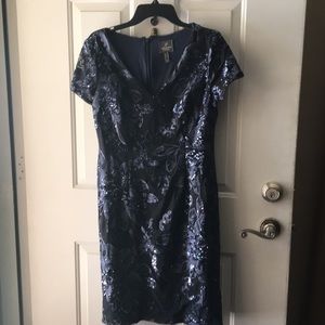 Navy Adrianna Papell dress.